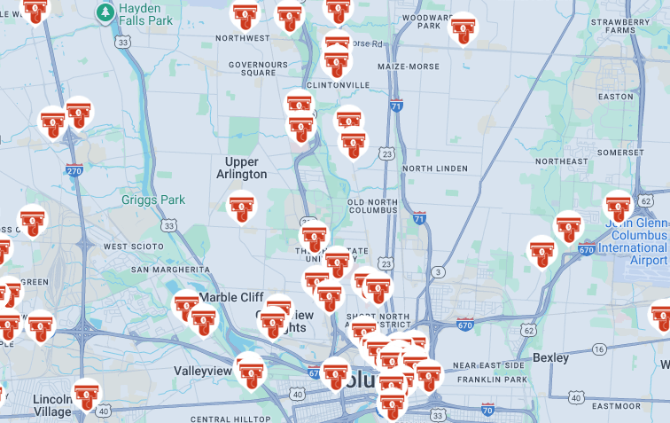 Map of Columbus, Ohio displays numerous red camera icons indicating traffic cameras. Features major highways like I-71 and landmarks like Hayden Falls Park.